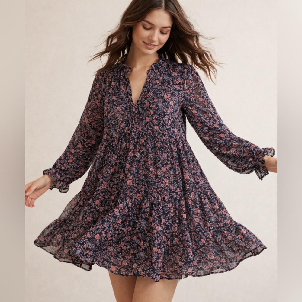 Boho Floral Long Sleeve Tiered Dress Navy Pink Sheer Excellent Cond